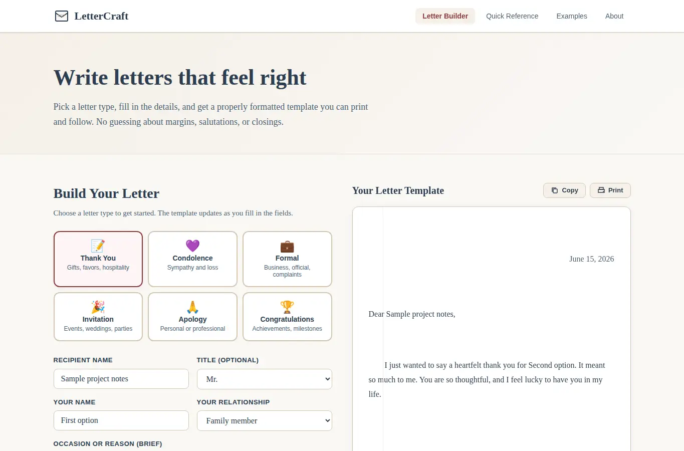 Screenshot of LetterCraft: Handwritten Letter Format Guide interface showing the project page in use